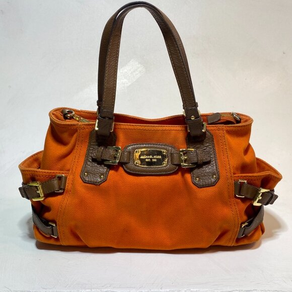 Michael Kors Gansevoort Zip Top Satchel Tangerine Canvas Brown Leather Trim - Picture 3 of 7